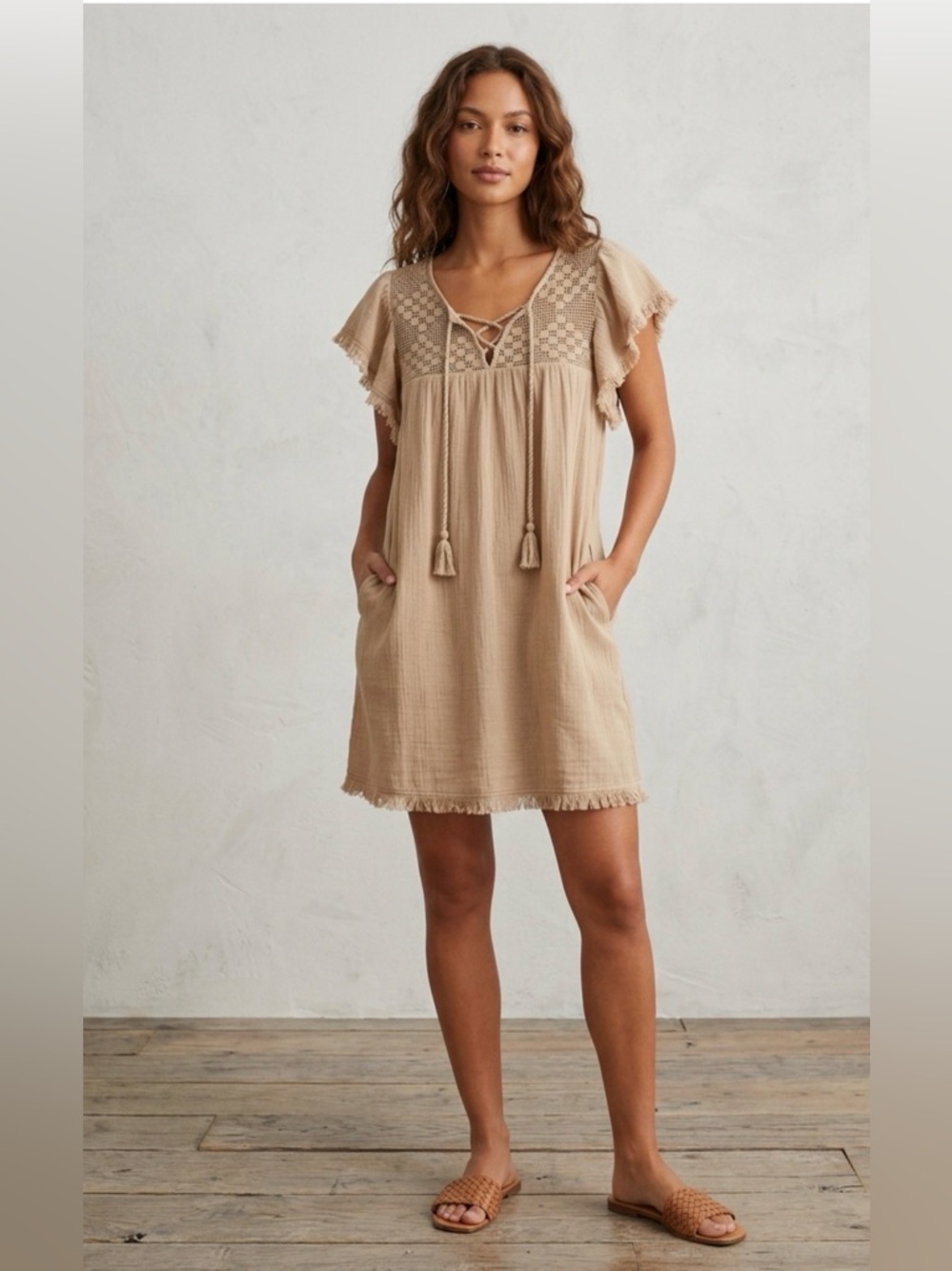 Aerie Tan Mini Dress with Crochet Accents